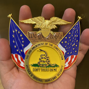 President Trump Pro-Gun, Life, Police Don't Tread on Me, We The People, Betsy Ross, 2nd Amendment Challenge Coin Medallion 45 Donald J BL2-009 - www.ChallengeCoinCreations.com