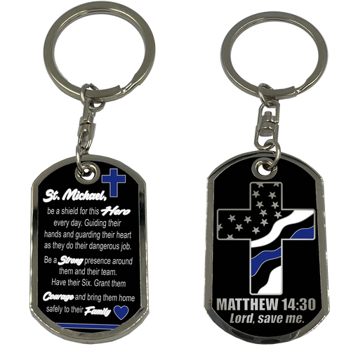 Police Officer Prayer Saint Michael Protect Us Matthew 14:30 Challenge Coin Dog Tag Keychain Thin Blue Line GL5-005 KCDT-12B