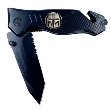 Load image into Gallery viewer, Mandalorian inspired 3-in-1 Police Tactical Star Wars parody Rescue Knife with Seatbelt Cutter, Steel Serrated Blade, Glass Breaker  14-K - www.ChallengeCoinCreations.com