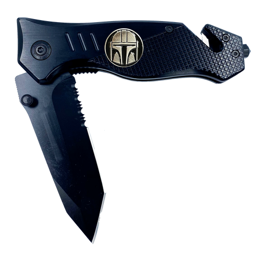 Mandalorian inspired 3-in-1 Police Tactical Star Wars parody Rescue Knife with Seatbelt Cutter, Steel Serrated Blade, Glass Breaker  14-K - www.ChallengeCoinCreations.com