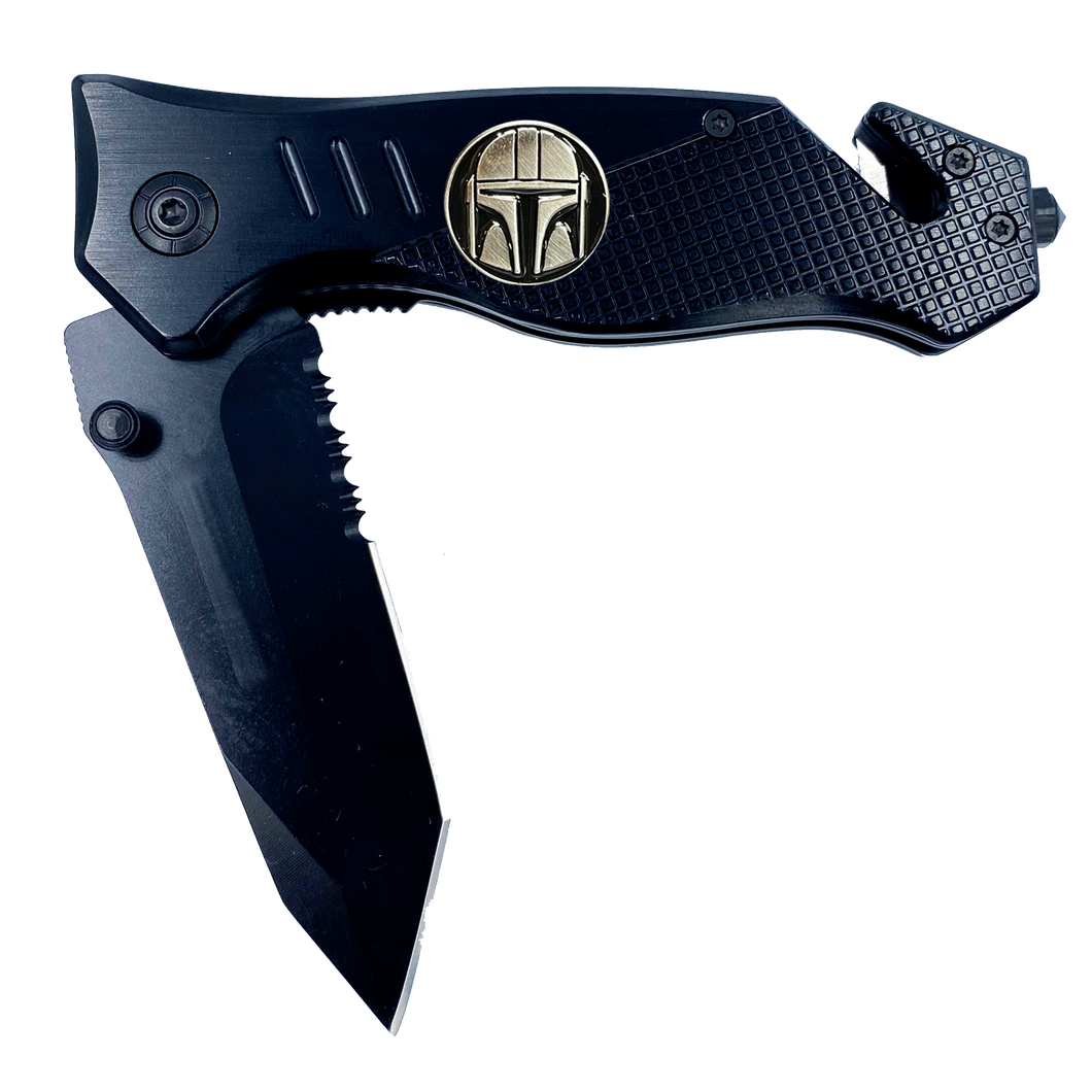 Mandalorian inspired 3-in-1 Police Tactical Star Wars parody Rescue Knife with Seatbelt Cutter, Steel Serrated Blade, Glass Breaker  14-K - www.ChallengeCoinCreations.com