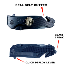Load image into Gallery viewer, Mandalorian inspired 3-in-1 Police Tactical Star Wars parody Rescue Knife with Seatbelt Cutter, Steel Serrated Blade, Glass Breaker  14-K - www.ChallengeCoinCreations.com