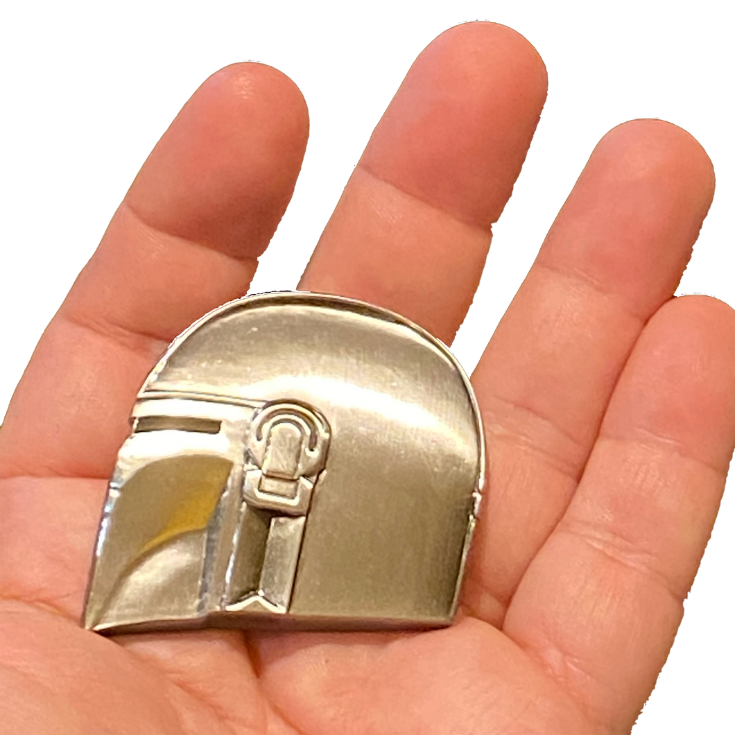 Star Wars The Mandalorian inspired helmet mask pin with dual pin posts and deluxe locking clasps DL11-03 - www.ChallengeCoinCreations.com