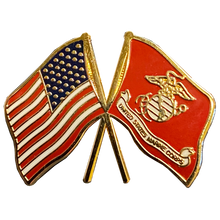 Load image into Gallery viewer, US MARINE CORPS and American Flag cloisonné lapel pin US Marines Crossed Flags P-113 - www.ChallengeCoinCreations.com