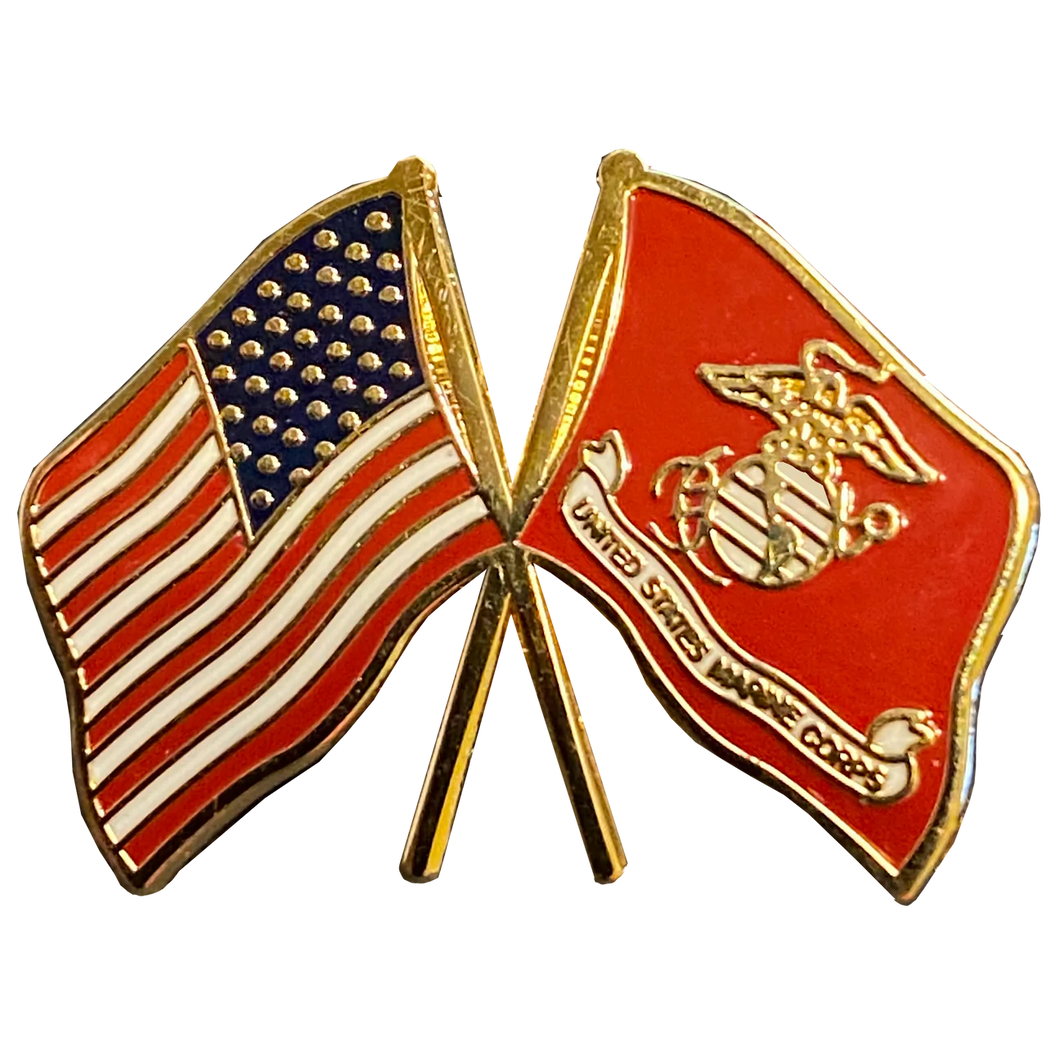 US MARINE CORPS and American Flag cloisonné lapel pin US Marines Crossed Flags M-28 P-015A