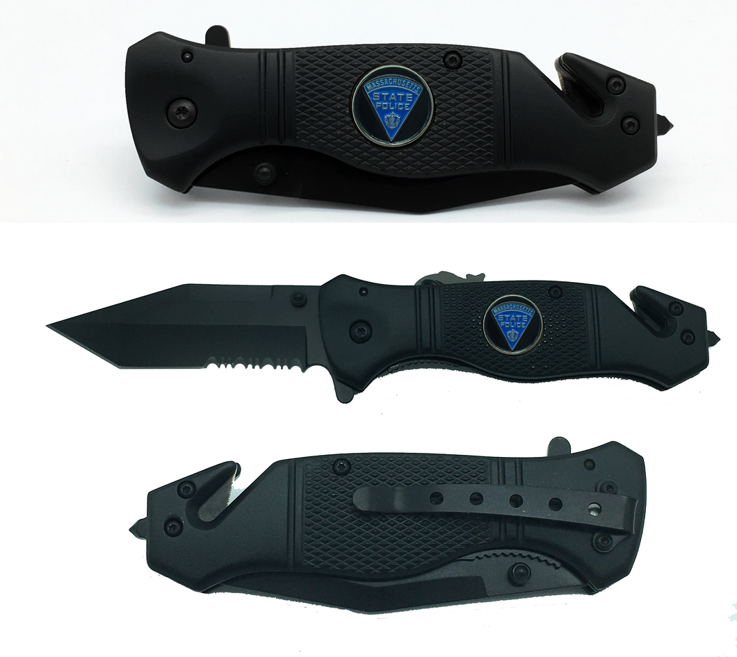 Massachusetts State Police collectible 3-in-1 Police Tactical Rescue Knife with Seatbelt Cutter, Steel Serrated Blade, Glass Breaker 12-K - www.ChallengeCoinCreations.com