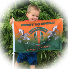 Load image into Gallery viewer, University of Miami Green Lot Crew First To Show Last To GO 12&quot;x18&quot; Car Flag Free Shipping in the USA - www.ChallengeCoinCreations.com