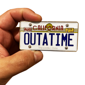 Back to the Future inspired OUTATIME Delorean California License Plate Pin MM-010 - www.ChallengeCoinCreations.com