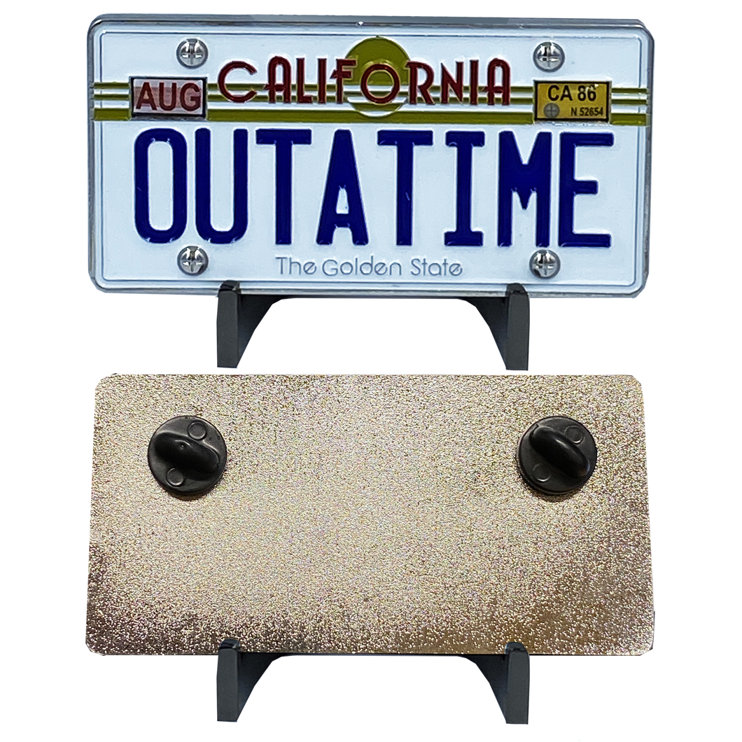 Back to the Future inspired OUTATIME Delorean California License Plate Pin MM-010 - www.ChallengeCoinCreations.com