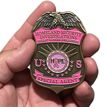 Load image into Gallery viewer, Thin Pink Line HSI Special Agent Breast Cancer Awareness Month Challenge Coin BL2-010A - www.ChallengeCoinCreations.com