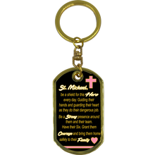 Load image into Gallery viewer, Breast Cancer Awareness Survivor Prayer Saint Michael Corrections Protect Us Matthew 14:30 Challenge Coin Dog Tag Keychain Thin Pink Line GL5-008 KCDT-12