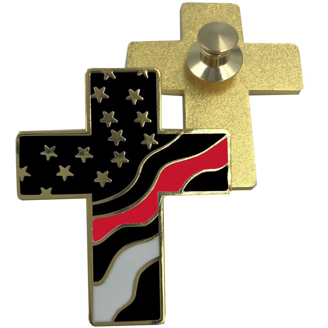 Thin Red Line American Flag Cross USA Lapel pin Cloisonné Fire Fighter Department Firefighter P-028 - www.ChallengeCoinCreations.com