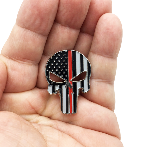 Thin Red Line Skull Pin with Dual Pin posts and Deluxe Safety Locking Clasps P-055 - www.ChallengeCoinCreations.com