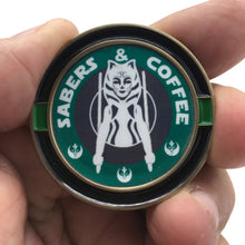 Load image into Gallery viewer, Parody Star Bucks Wars Green Line Sabres and Coffee Challenge Coin
