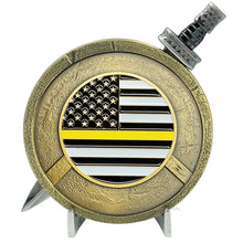 Load image into Gallery viewer, Thin Gold Line 911 Emergency Dispatcher Police Warrior Gladiator Shield with removable Sword Challenge Coin Set EL5-019 - www.ChallengeCoinCreations.com