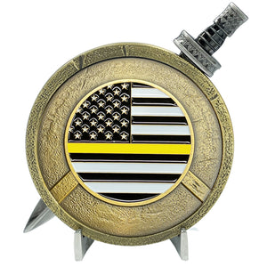 Thin Gold Line 911 Emergency Dispatcher Police Warrior Gladiator Shield with removable Sword Challenge Coin Set EL5-019 - www.ChallengeCoinCreations.com