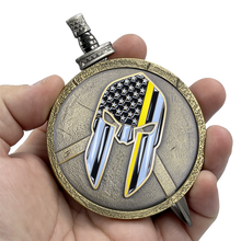 Load image into Gallery viewer, Thin Gold Line 911 Emergency Dispatcher Police Warrior Gladiator Shield with removable Sword Challenge Coin Set EL5-019 - www.ChallengeCoinCreations.com