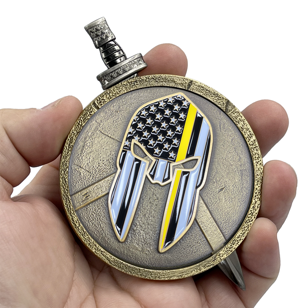 Thin Gold Line 911 Emergency Dispatcher Police Warrior Gladiator Shield with removable Sword Challenge Coin Set EL5-019 - www.ChallengeCoinCreations.com