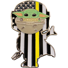 Load image into Gallery viewer, Star Wars Mandalorian inspired Guy with The Child Thin Gold Line 911 Emergency Dispatcher Yellow BH-015 - www.ChallengeCoinCreations.com